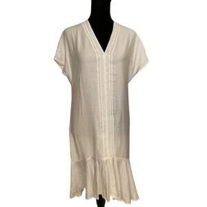 INDISKA White Shift Dress Sun Dress Cap Sleeve Hi-Lo Ruffle Lace Panel Detail XS